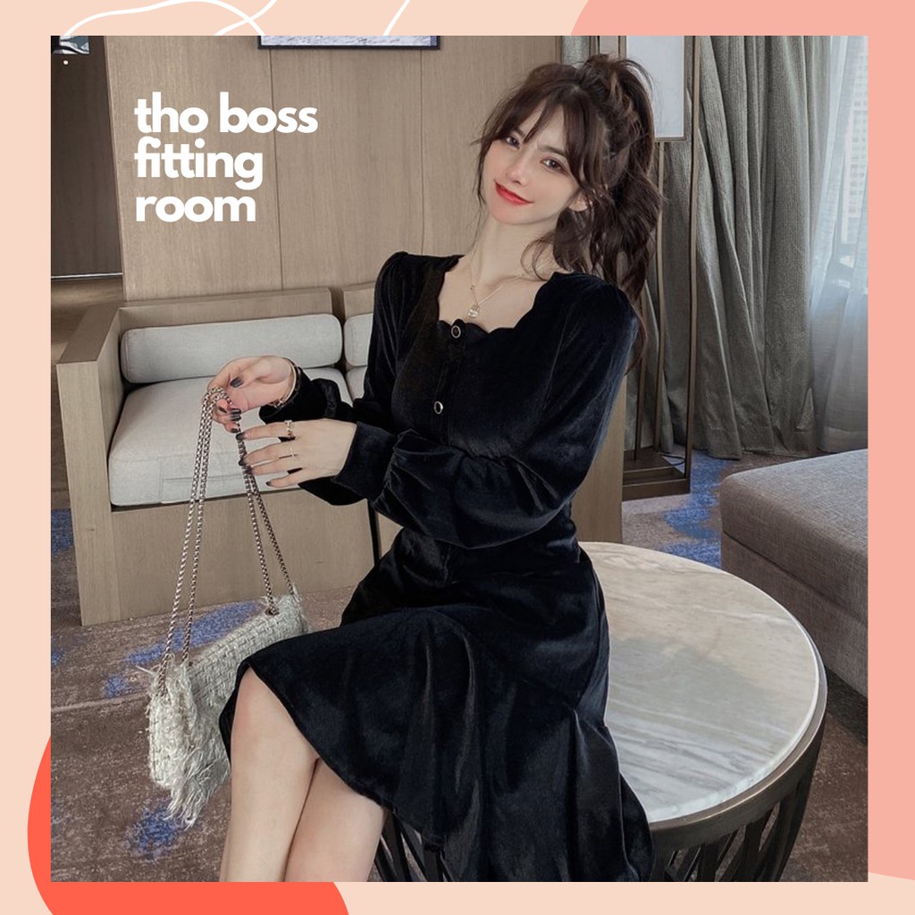 D71 - ĐẦM BIGSIZE NHUNG CỔ VUÔNG ĐUÔI CÁ