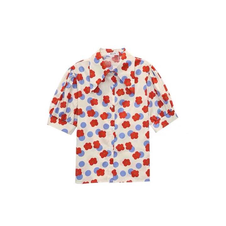 Áo Sơ Mi Tay Ngắn Phồng Cổ Búp Bê In Hoa Phong Cách Retro Pháp Cho Nữ