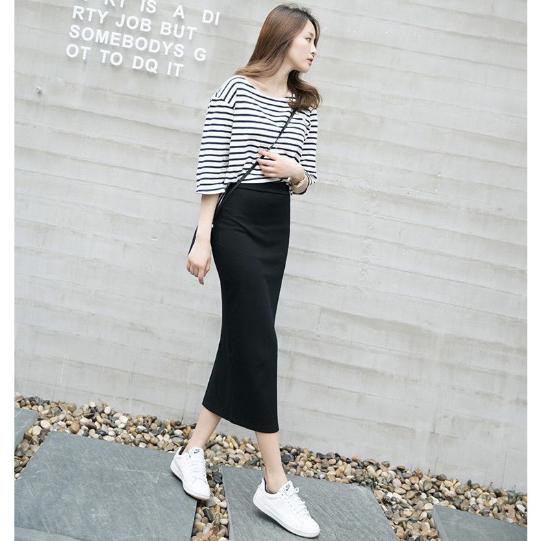 [Có sẵn] Chân Váy Ôm Chữ A Dáng Dài Lưng Cao Xẻ Tà Phong Cách Retro Hàn Quốc Dễ Phối Đồ Cực Xinh Dành Cho Nữ