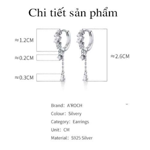 Khuyên tai nữ bạc 925 đá Zircon trắng thả dài G6765 - AROCH Jewelry