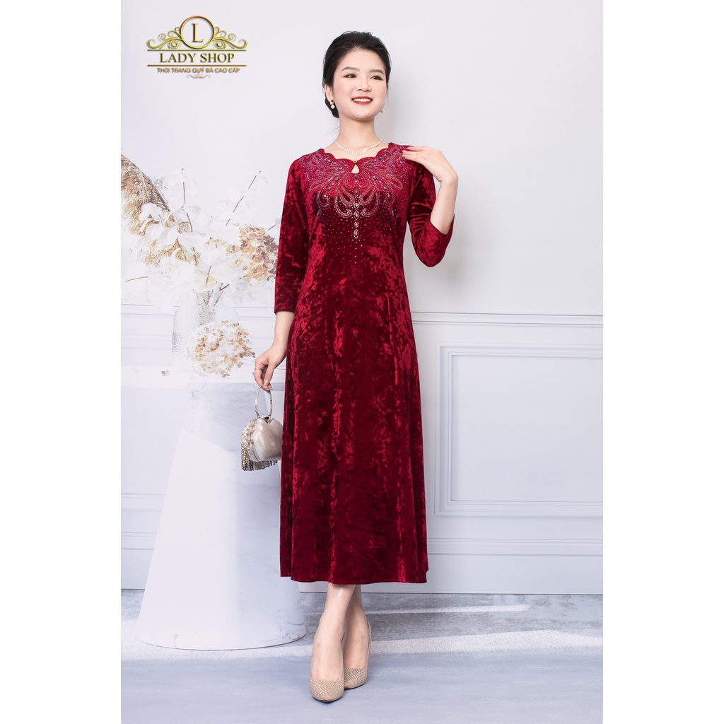 Thời trang quý bà Ladyshop đầm nhung tuyết cổ hoa kết thủ công sang trọng TK788