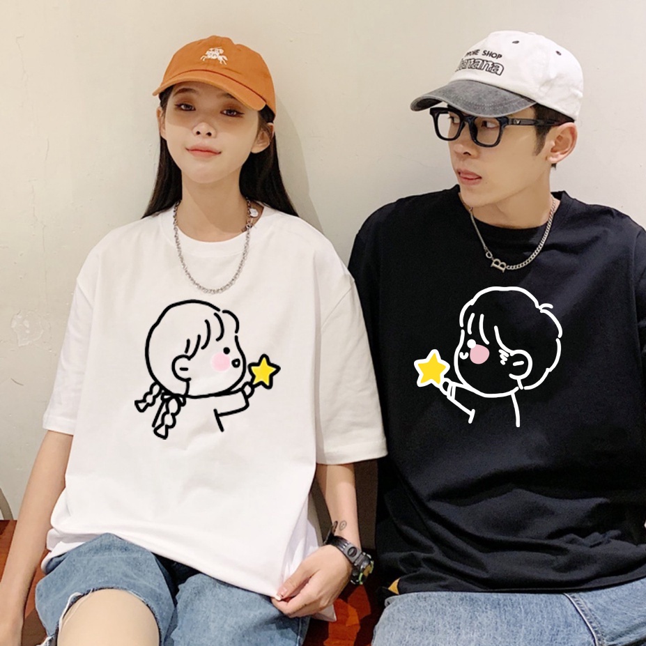 Áo thun Đôi fom rộng Nam nữ cực chất , hình chibi  tặng sao