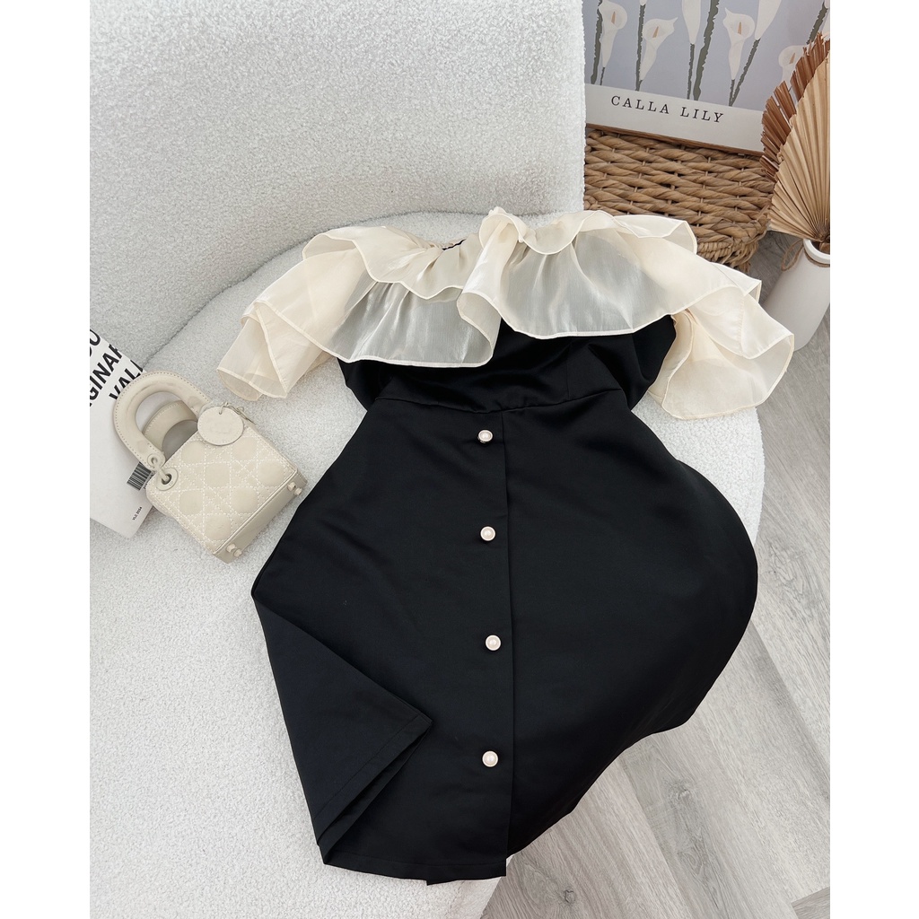 ĐẦM ĐEN BẸT VAI BÈO KEM PHỐI HÀNG NÚT