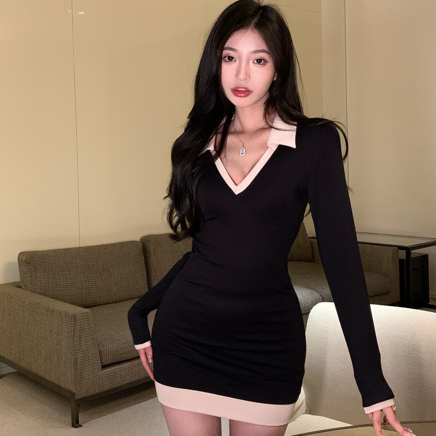 Đầm ôm cổ chữ V màu sắc tương phản thời trang thu đông quyến rũ cho nữ