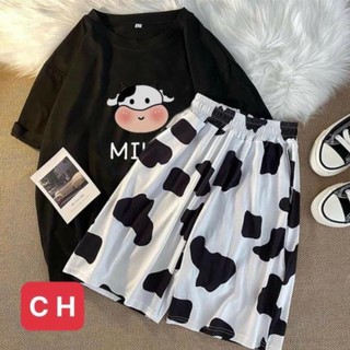 SÉT Đồ bộ Áo Bò Sữa Milk + quần short ; set áo thun tay lỡ kèm quần đùi Unisex phong cách Ullzzang Hàn Quốc