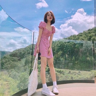 Đầm Caro Đỏ Rút Dây Ngực
