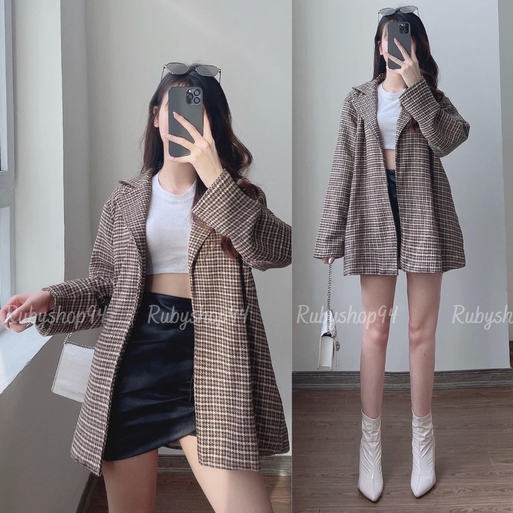 Áo Blazer nữ 2 lớp tay dài Hàn Quốc khoác ngoài đẹp, Áo vest nữ dạ kẻ caro kèm đai cực xinh