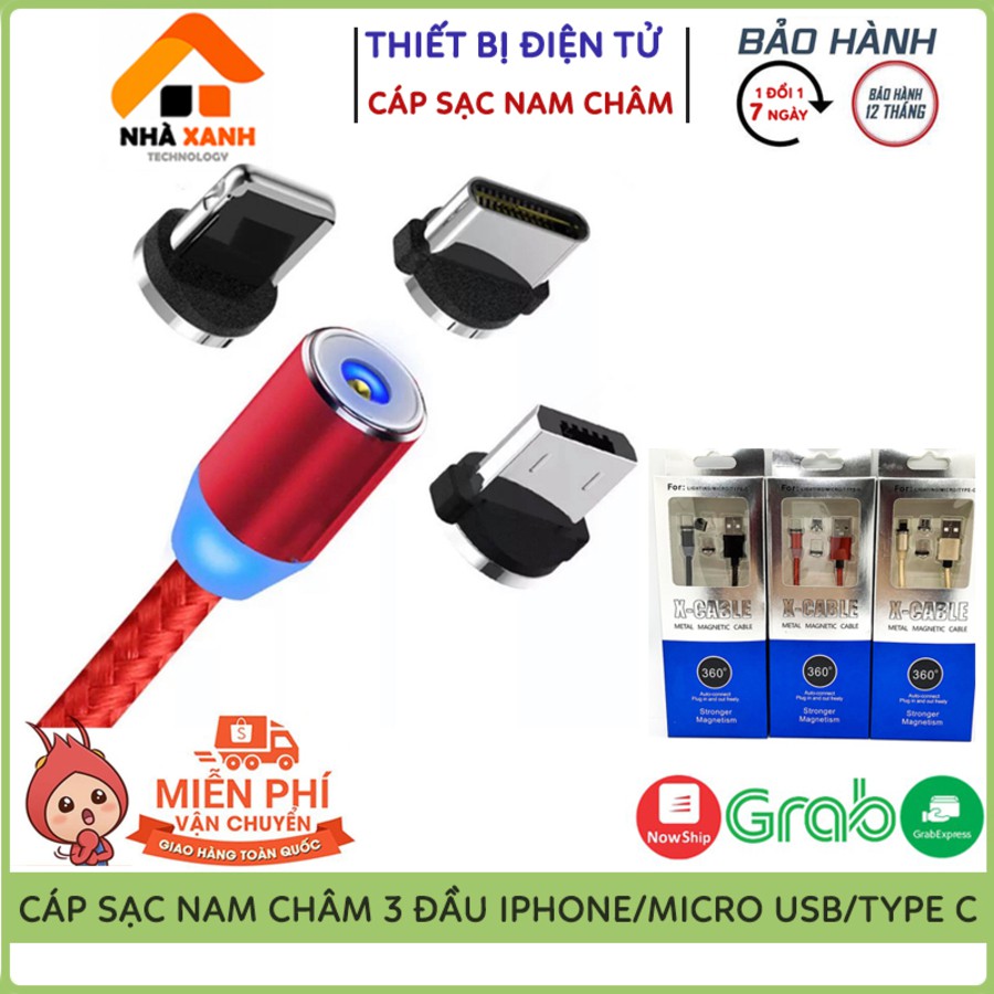 Cáp Sạc Điện Thoại, Bộ Cáp Sạc Nam Châm 3 Đầu Hít Dành Cho Iphone/Android/Type C, Dây Dù Xoay 360 Độ, Có Đèn Led