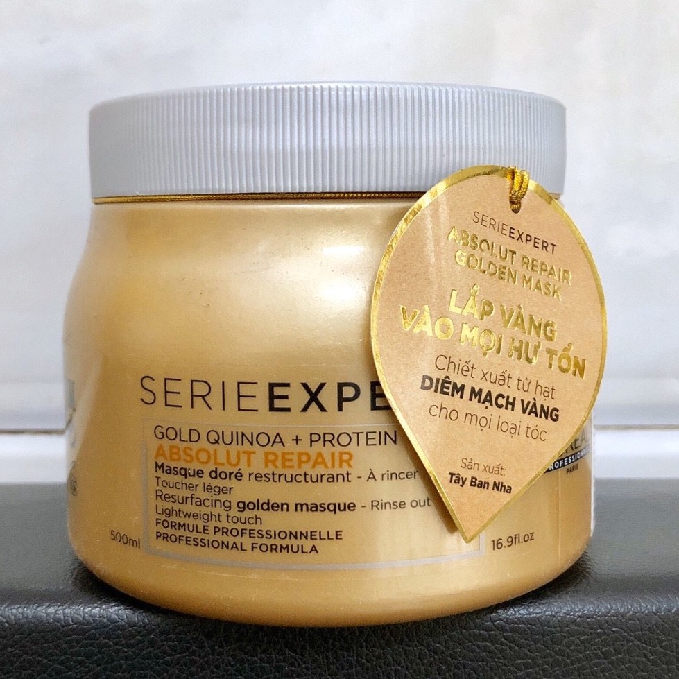 Dầu hấp ủ nhũ vàng phục hồi tóc hư tổn nặng L'ORÉAL Serie Expert Gold Quinoa + Protein Absolut Repair 500ml