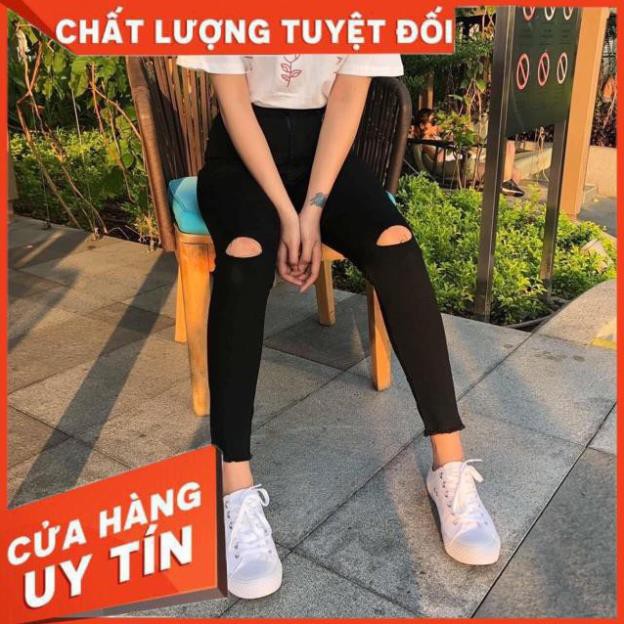 QUẦN JEANS Skinny ĐEN ôm RÁCH GỐI - chất mềm giãn