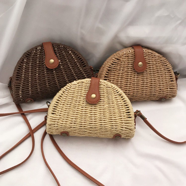 Túi cói hộp phối da - hình bán nguyệt - khóa gài nút - phong cách Vintage