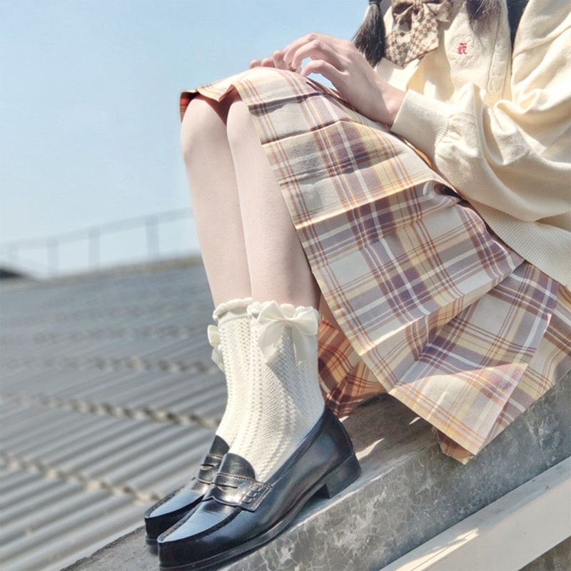 Xiangbao Vớ Cotton Dệt Kim Cổ Cao Vừa Kẻ Sọc Phối Nơ Phong Cách Lolita Nhật Bản Ngọt Ngào Cho Nữ