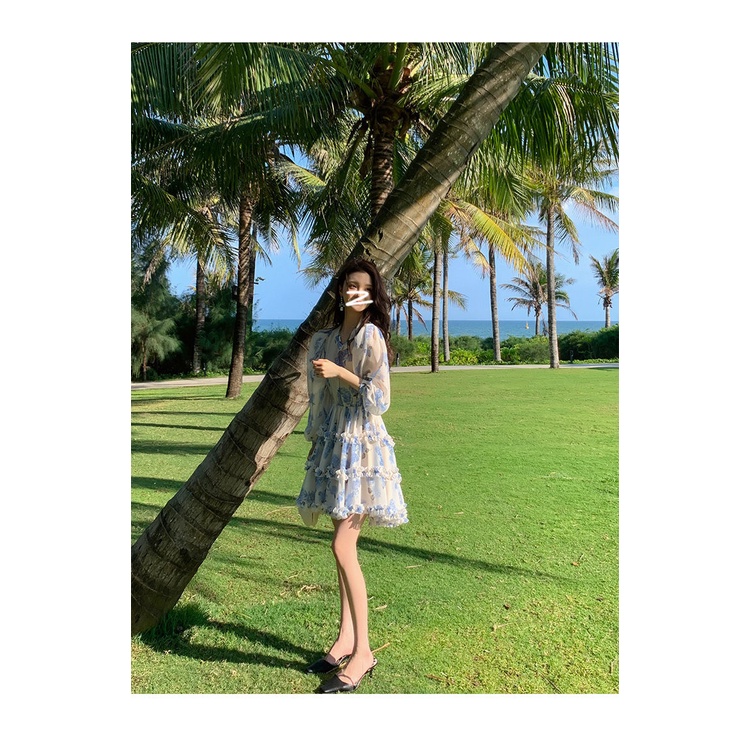2023 Đầm mini  Voan Ngắn Tay Dài In Họa Tiết Hoa Xanh Dương Thời Trang Mùa Hè Phong Cách Hàn Quốc Cho Nữ
