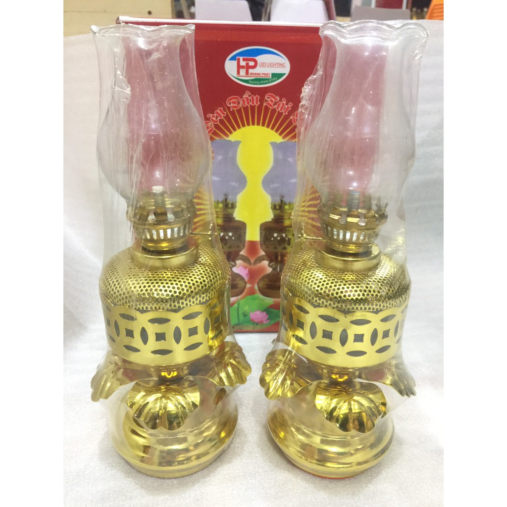 Đèn Dầu Tài Lộc (1 Đôi) Thờ Cúng Hoa Sen Vàng (Mạ Đồng) Cao 24cm Lưu Ly (Ảnh Thật)