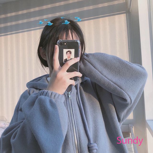 Áo khoác hoodie dáng rộng phối khóa kéo kiểu Hàn Quốc thời trang cho nữ
