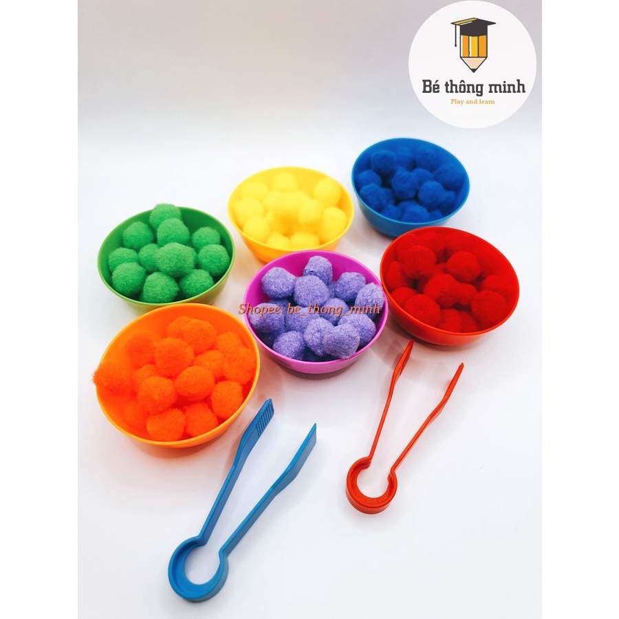 Set phân loại màu sắc tập gắp pompom (bộ 6 bát 2 kẹp)