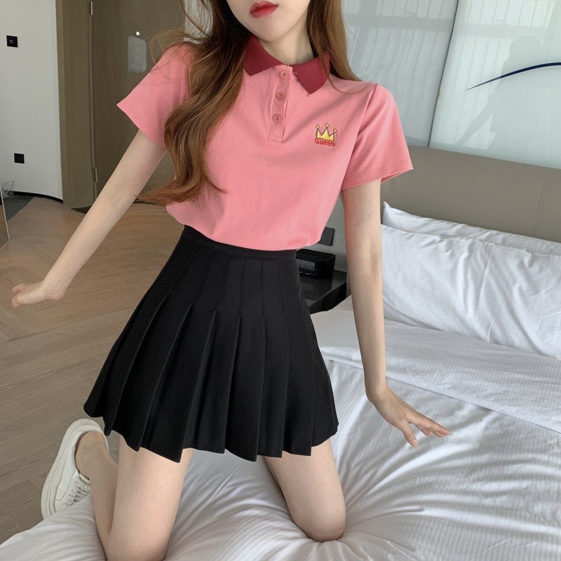 Ready Stock Summer 2021 Sweet and Wild Cotton Polo Collar Embroidered T-shirt + Wild High Waist and Thin Pleated Skirt Set Women