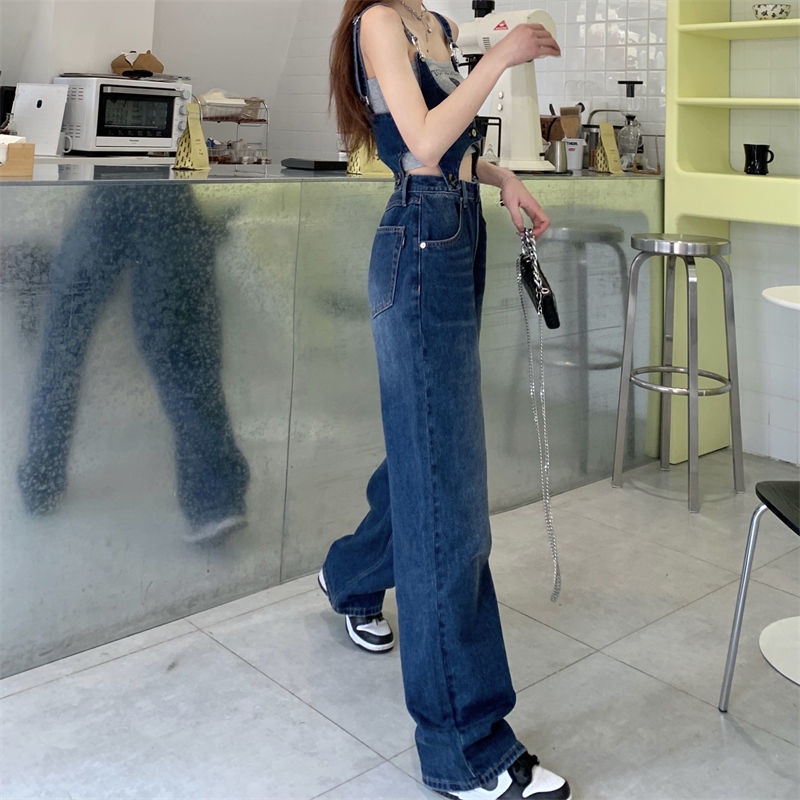 Retro chic suspender jeans women's spring 2022 New loose slimming straight wide leg pants ins trendy 7uXJ