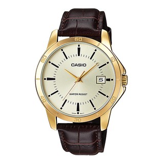 Đồng hồ Casio nam dây da thể thao, mặt trắng viền vàng sang trọng, chống nước WR30M, fullbox (MTP-V004GL-9AUDF)
