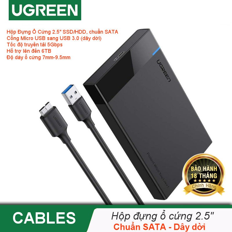 Hộp đựng ổ cứng 2.5inch SSD, HDD hỗ trợ 6TB, chuẩn SATA III, SATA II UGREEN US221 vỏ nhựa ABS cao cấp | BigBuy360 - bigbuy360.vn