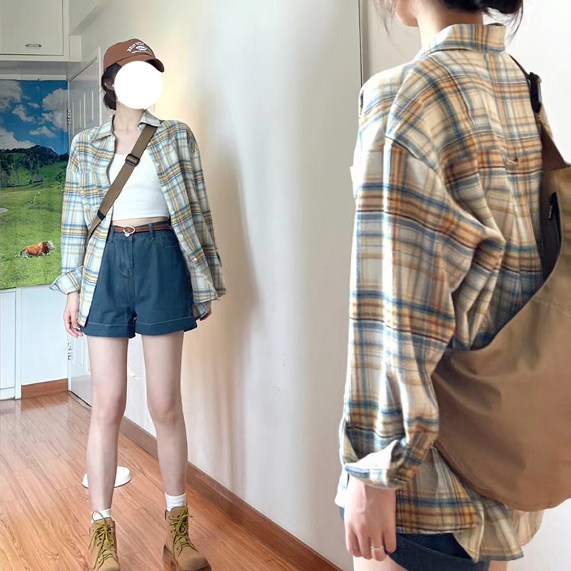 IELGY    Áo Sơ Mi Tay Dài Dáng Rộng Họa Tiết Kẻ Sọc Phong Cách retro Dành Cho Nữ