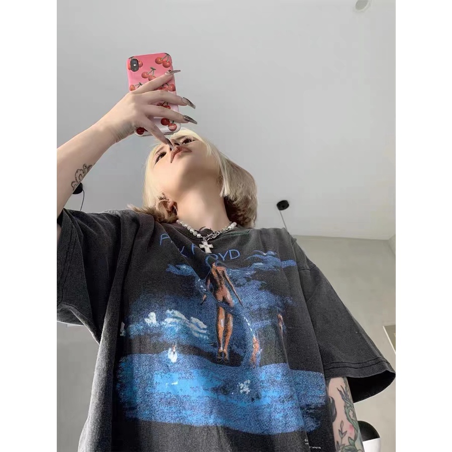 Áo thun hình nhóm nhạc Pink Floyd biển vải sờn ngắn tay dáng rộng phong cách retro thường ngày cho cặp đôi