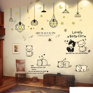 Decal dán tường chùm đèn sao vàng và đàn mèo