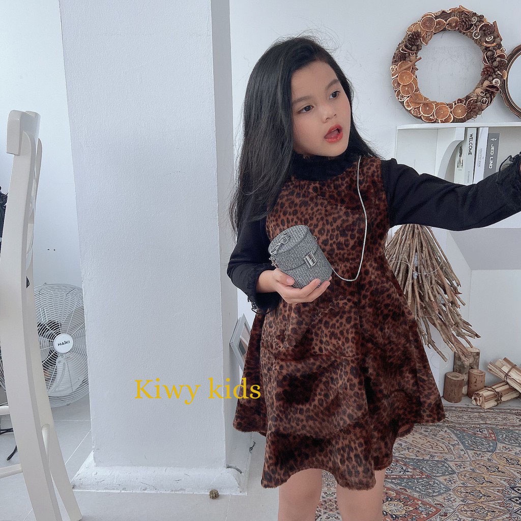 Váy gile lông ngăn KIWY KIDS41 họa tiết da báo cool ngầu cho bé gái từ 1 đến 6 tuổi