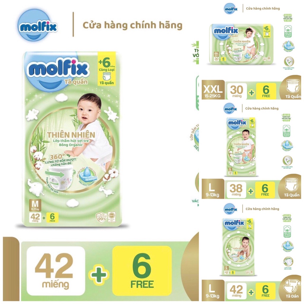 Tã/bỉm quần Molfix Thiên nhiên Jumbo Size S54/M48/L44/XL40/XXL36