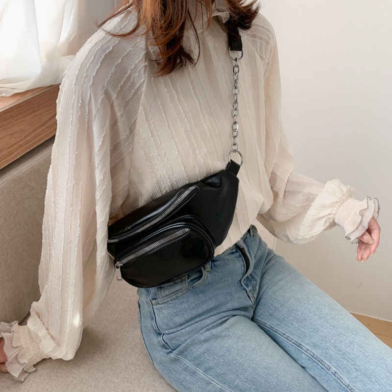 Túi Da PU Đeo Chéo Ngực Phối Dây Xích Thời Trang Cho Nam Và Nữ