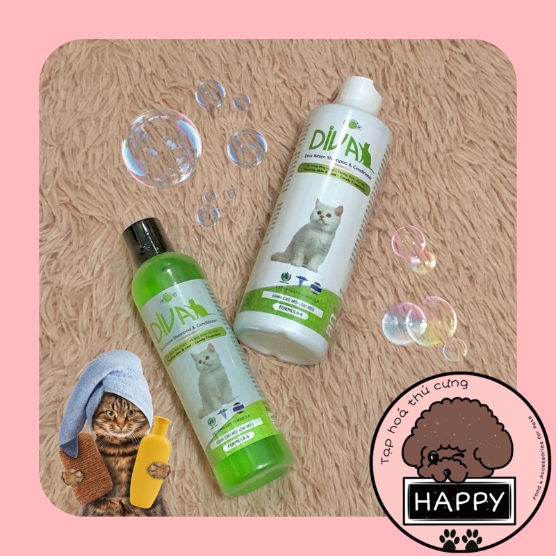 Sữa tắm Diva xanh lá mượt lông dành cho mèo 260ml và 400ml / Diva Kitten Shampoo &amp; Conditioner - Tạp Hoá Thú Cưng Happy