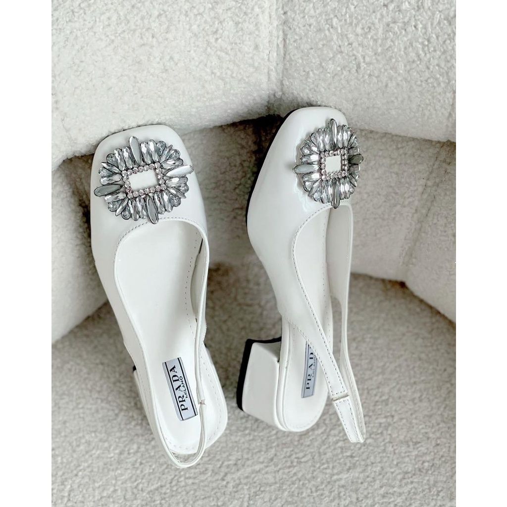 Giày cao gót nữ 3cm mũi vuông quai kiểu dáng slingback, đá sáng da mềm êm đi chơi siêu xinh