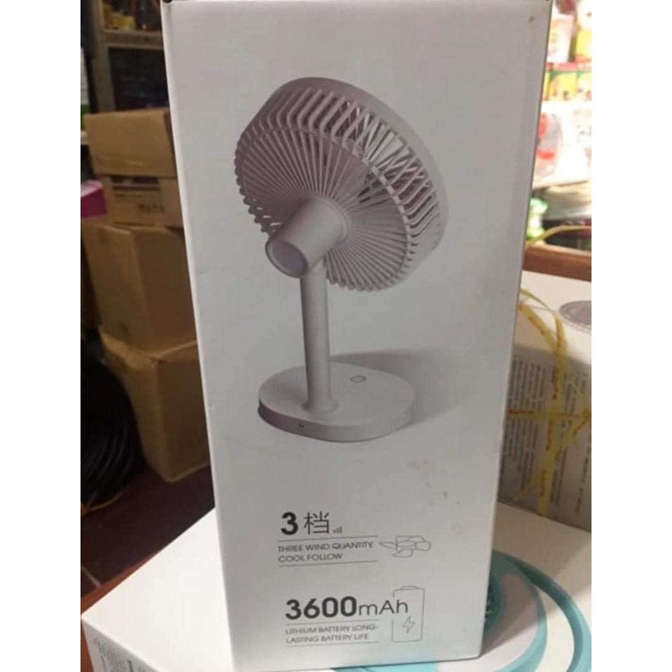 Quạt tích điện để bàn KM-F0326 sạc pin tích điện 3 cấp độ gió dung lượng pin 3600mAH thời gian sử dụng từ 5-6 giờ có đèn