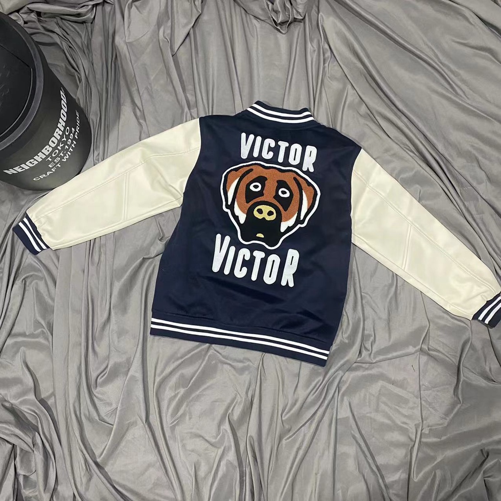 Áo Khoác Bóng Chày In Hình Đầu Chó VICTOR Phong Cách Preppy Mỹ Cổ Điển Thời Trang Thu Đông Dành Cho Nam Nữ
