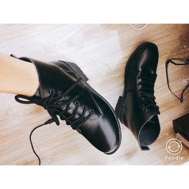 Boot nữ Bamezo giày độn đế nữ da buộc dây cao cổ màu đen trơn thời trang BT2 | BigBuy360 - bigbuy360.vn