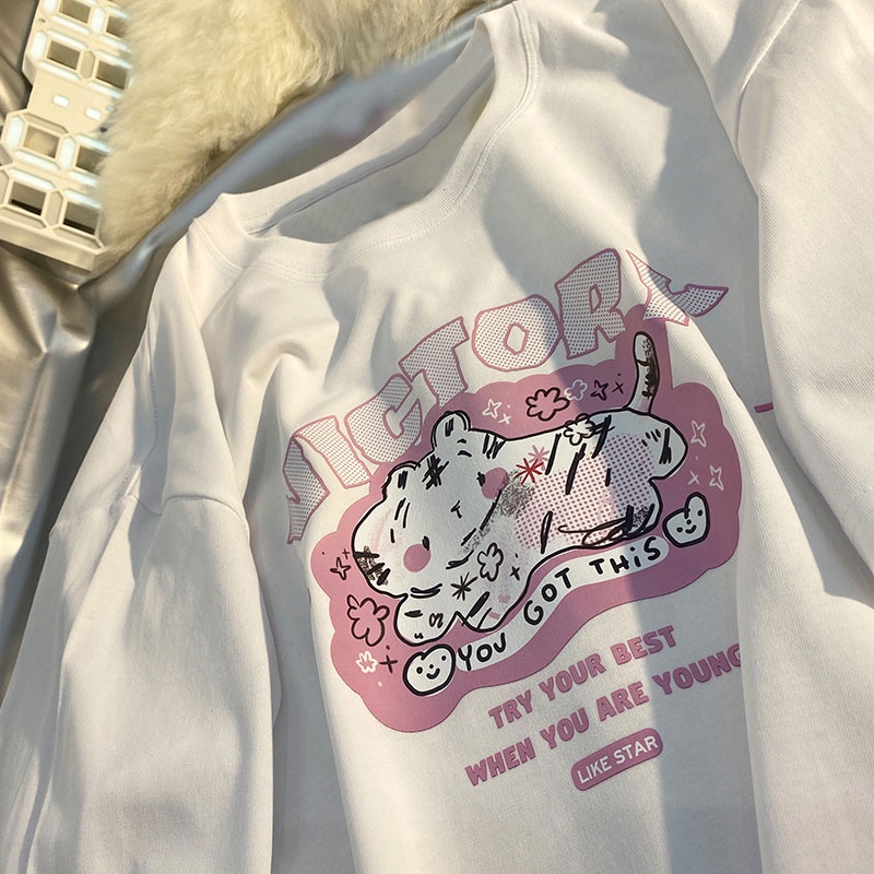 NRVP Áo thun tay ngắn cổ tròn in hình mèo 100% từ cotton thời trang phong cách Hàn Quốc cho nữ