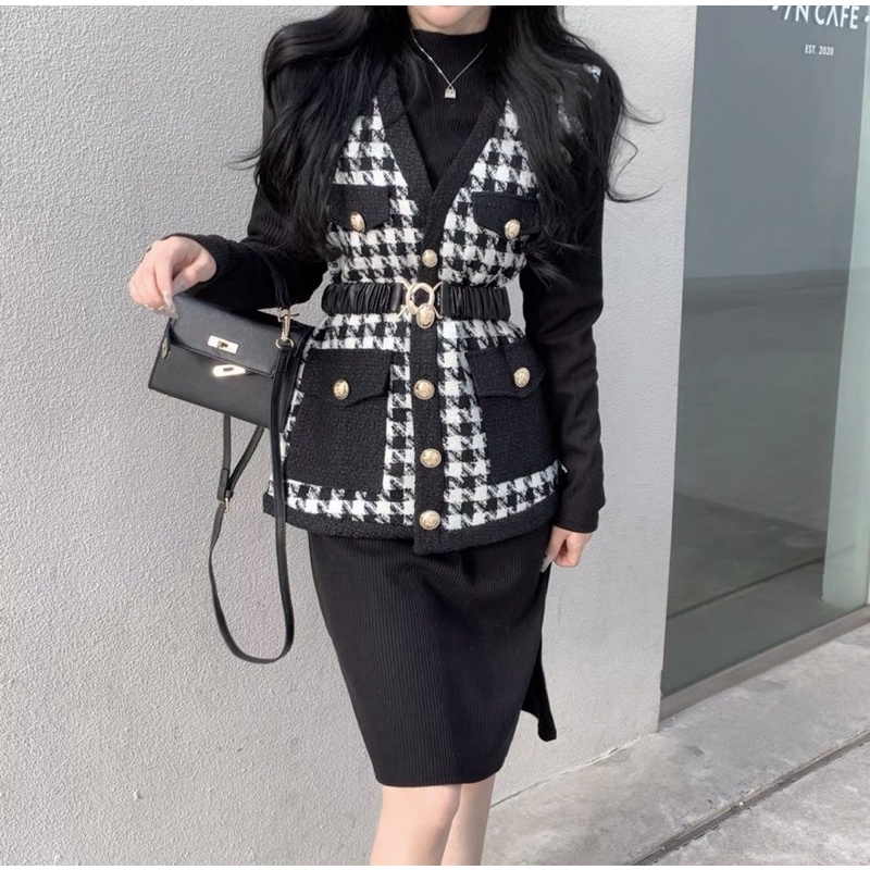 Set váy kèm áo gile dạ có đai tôn dáng cực xinh | BigBuy360 - bigbuy360.vn