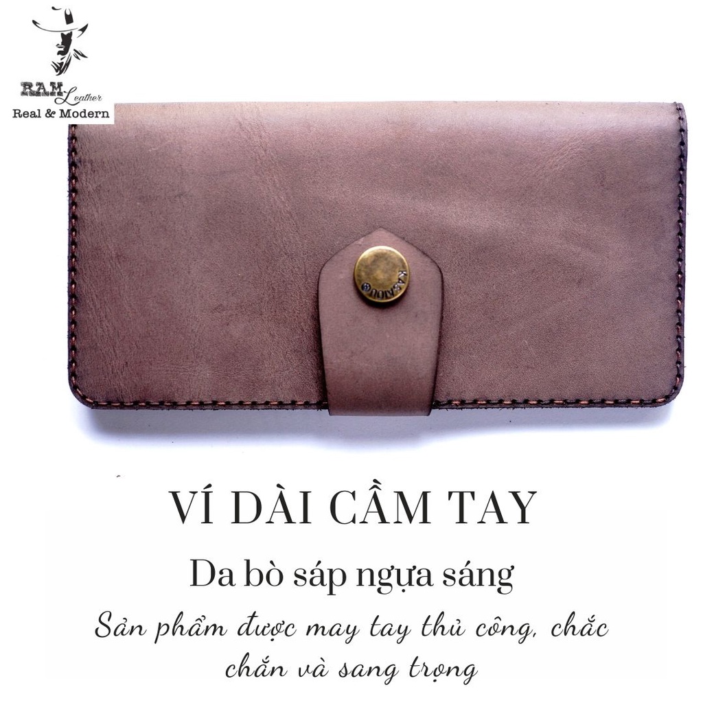 Ví dài RAM Leather cầm tay da bò sáp ngựa nâu sang trọng