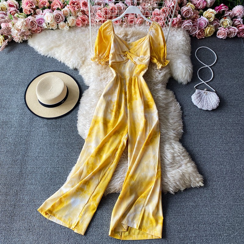 (Sẵn đen, Hồng) Jumpsuit, đồ bay ống dài rộng nhiều họa tiết, tay bo, có bo nơ ngực
