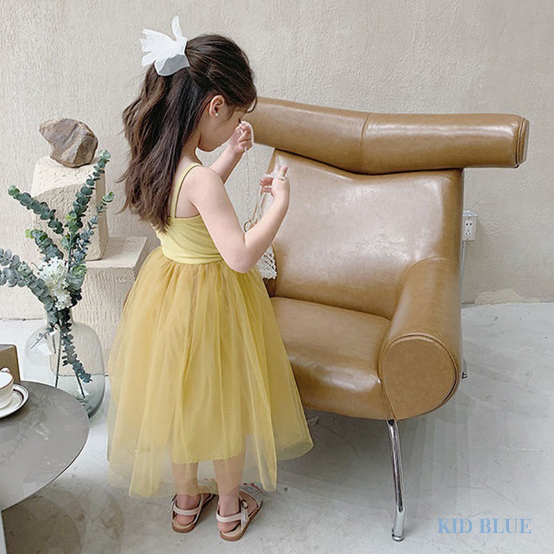 Đầm Công Chúa Mùa Hè Hai Dây Phối Lưới Màu Sắc Ngọt Ngào Phong Cách Hàn Quốc Cho Bé Gái