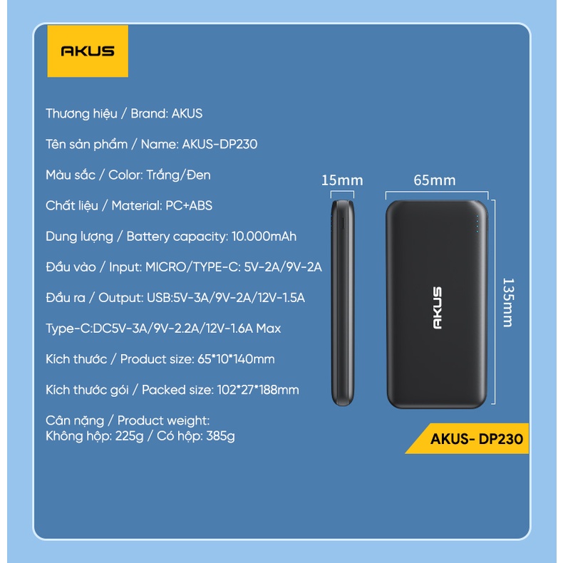 Sạc dự phòng 10000 mAh sạc nhanh 20w AKUS - DP230 - Hàng ChínhHãng