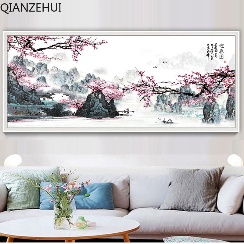 Bộ Tranh Thêu Chữ Thập DIY Hình Phong Cảnh Mùa Xuân Bằng Cotton 11CT