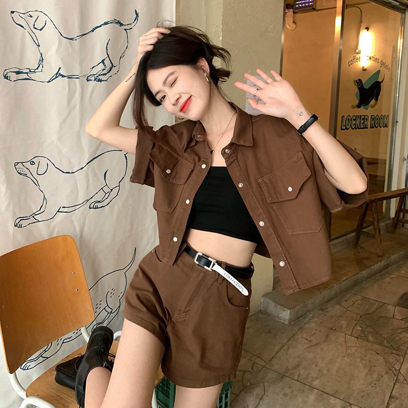 Denim suit women's summer vintage polo collar short-sleeved jacket + fashion wide-leg shorts one piece / two-piece set