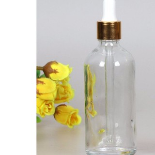 Chai tinh dầu 100ml thủy tinh trong nắp bóp giọt núm cao su trắng + khoen vàng