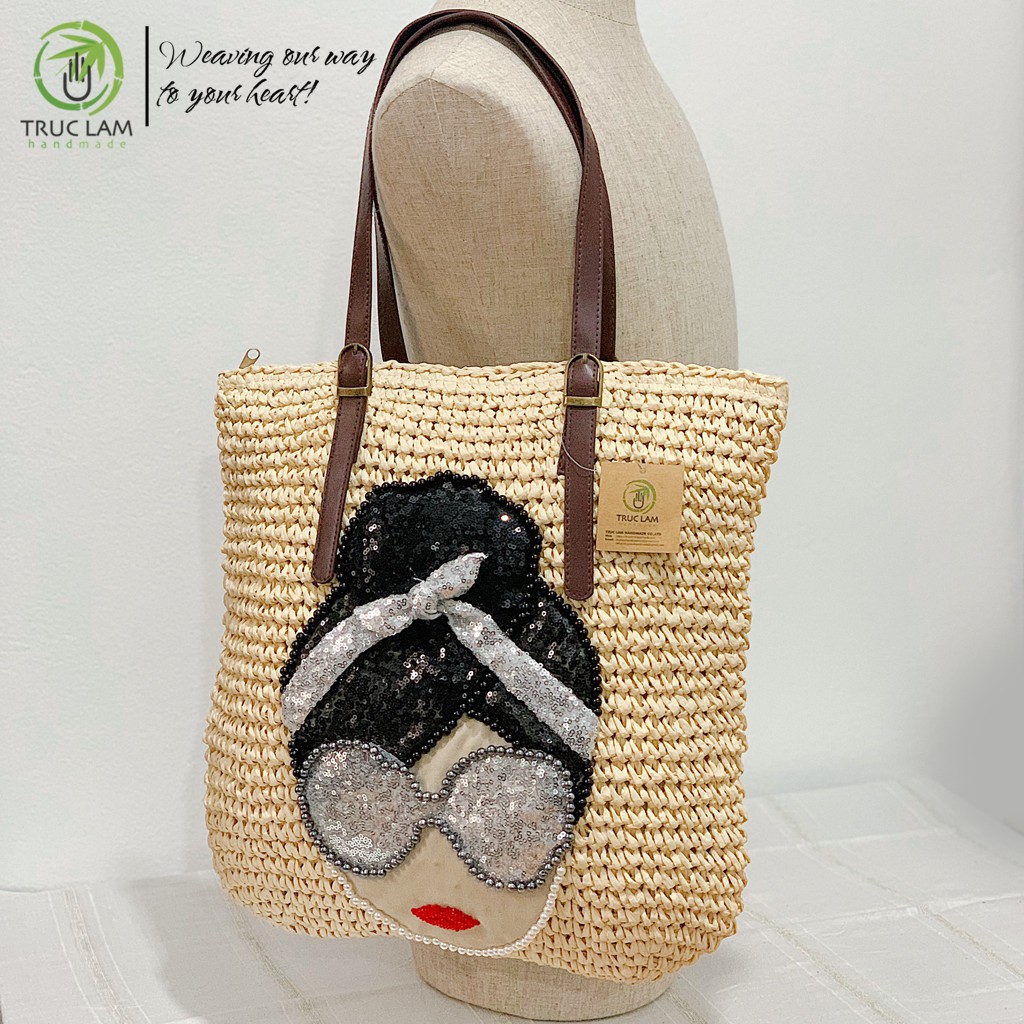 Túi Cói Tote Thời Trang Nữ Quai Da Thêu Cườm Hình Mặt Cô Gái - Trúc Lâm Handmade