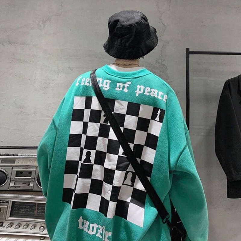 [CÓ ẢNH THẬT ] Áo Sweater Nỉ Hình Bàn Cờ 3 Màu Xanh Đen Trắng Unisex Form Rộng Nam Nữ