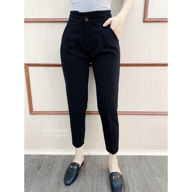 Quần baggy nữ cạp bèo cao cách điệu dáng dài màu đen chất vải mềm - Quần tây lưng cao nữ đi học sinh mặc đi làm công sở