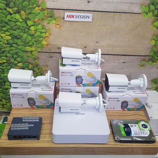 Bộ 04 camera IP POE có màu ban đêm 24/24h 2MP Hikvision Colorvu, đầy đủ phụ kiện