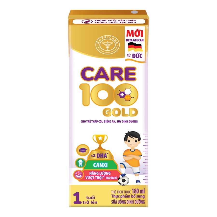 Thùng sữa nước Nutricare Care 100 Gold - cho trẻ thấp còi biếng ăn suy dinh dưỡng (180ml x 48 hộp)