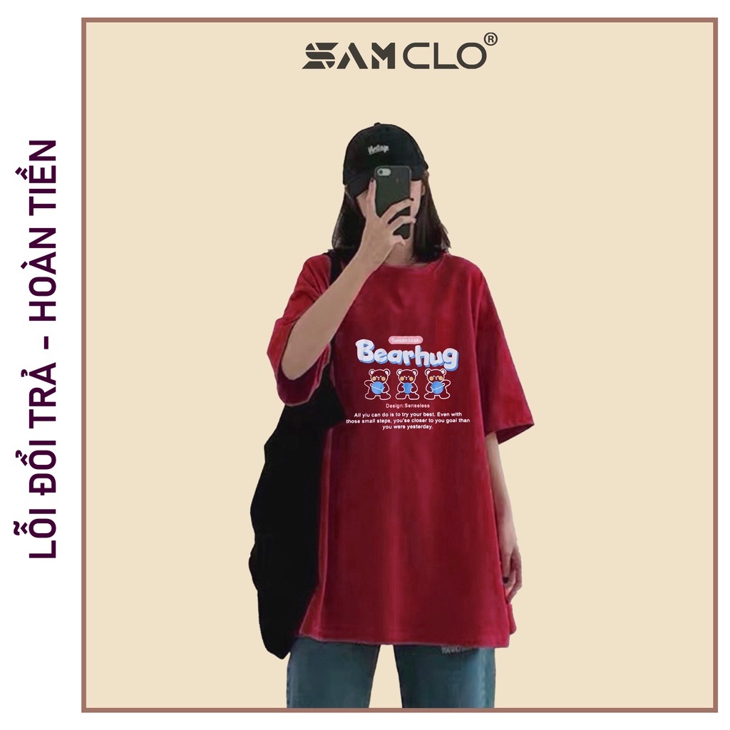 Áo thun tay lỡ nữ SAM CLO freesize phông form rộng dáng Unisex - mặc cặp, nhóm, lớp in hình ba con gấu chữ BEARHUG